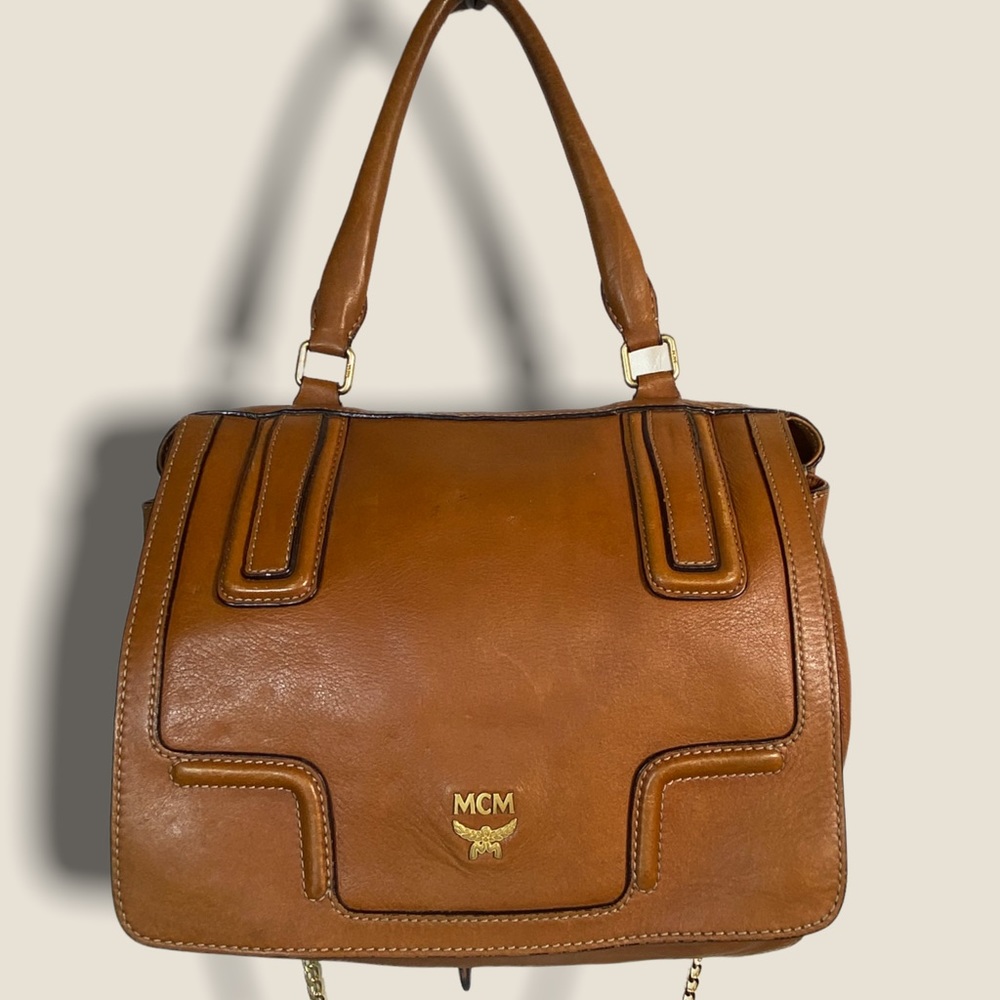 Vintage MCM messenger authentic carry bag laptop work crossbody chain gold